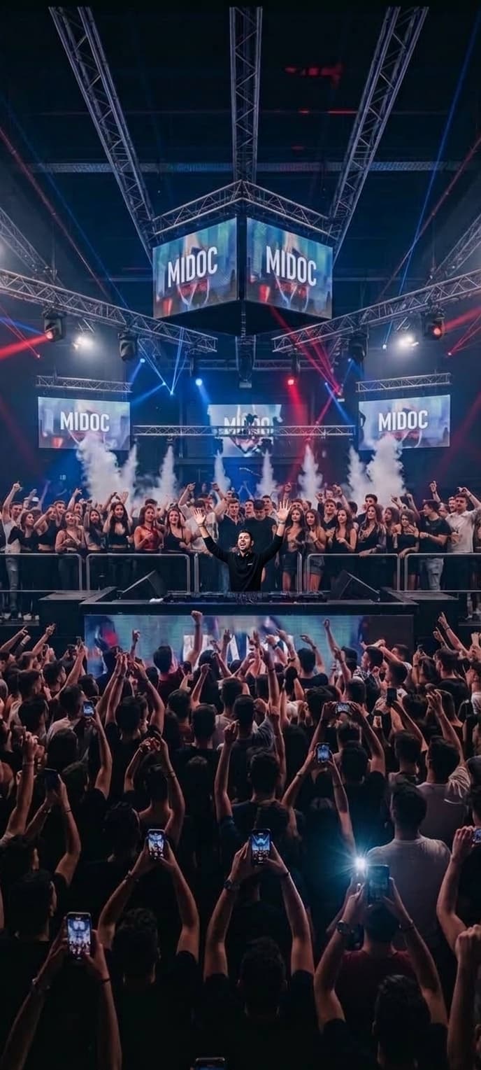 MIDOC — performance concept with raised arms and blue stage lighting